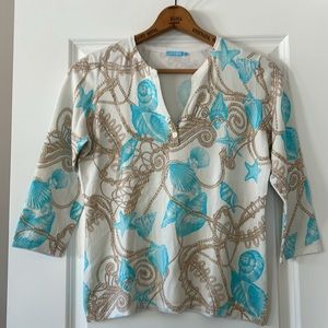 J. McLaughlin Seashells & Nautical Rope Notch Neckline Sweater Turquoise & Tan